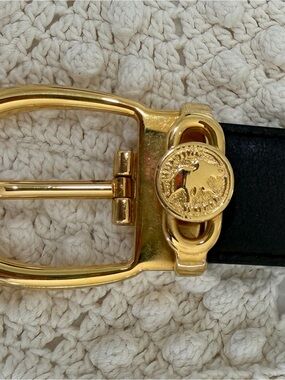 VINTAGE Hunting World Italy Black Leather Gold Elephant Buckle Belt Luxury.